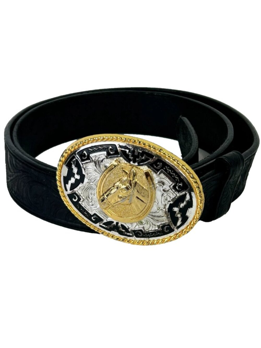 Silver Creek Collection Horse Buckle Belt Mixed Metal Black Tooled Leather sz 38